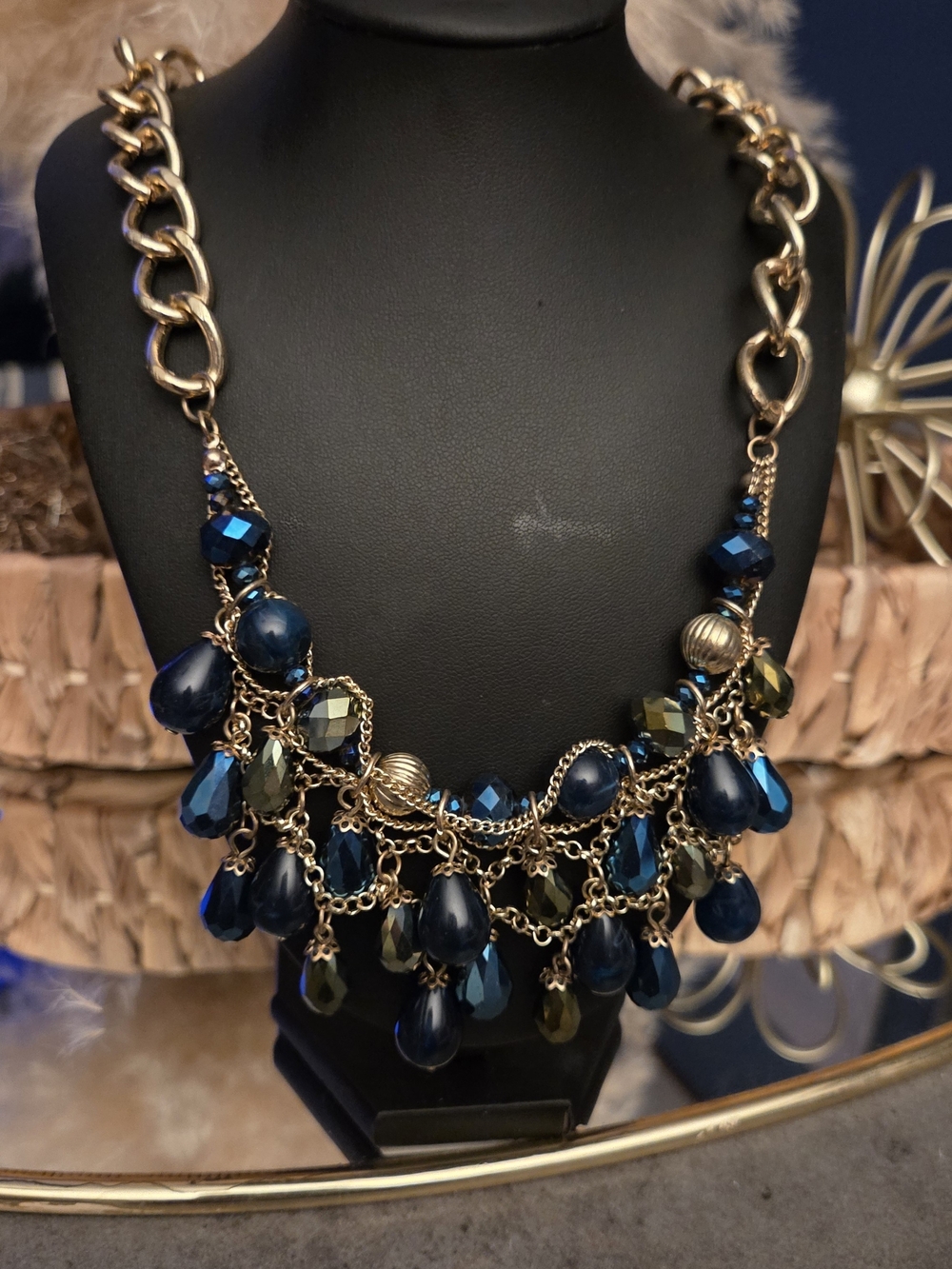JHB Blue Teardrop Beaded Statement Bib Necklace Gold Tone Chunky Chain
